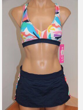 NWT Anne Cole Locker Swimsuit Bikini 2 pc set Sz XS S T-Back Skirt Multi Navy